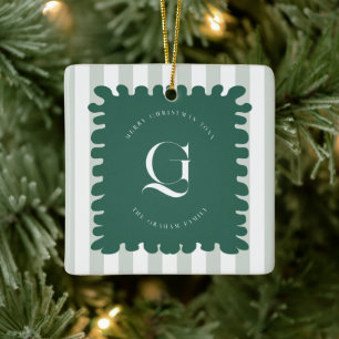 Squiggle Frame & Stripes Monogram Christmas Photo Ceramic Ornament
