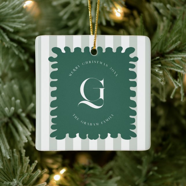 Squiggle Frame & Stripes Monogram Christmas Photo Ceramic Ornament (Tree)
