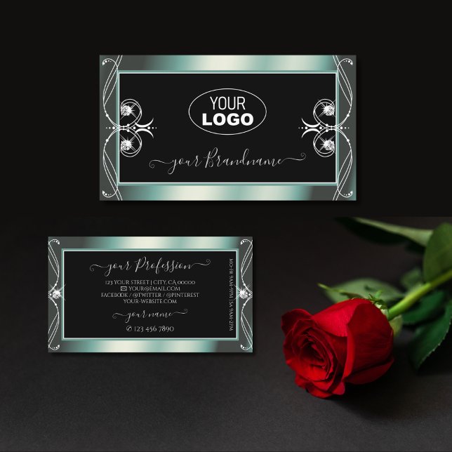 Squiggled Black and Teal Sparkle Diamonds Add Logo Business Card (Creator Uploaded)