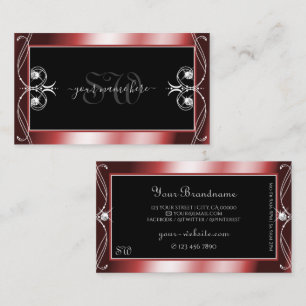 Squiggled Black Red Sparkling Diamonds Initials Business Card