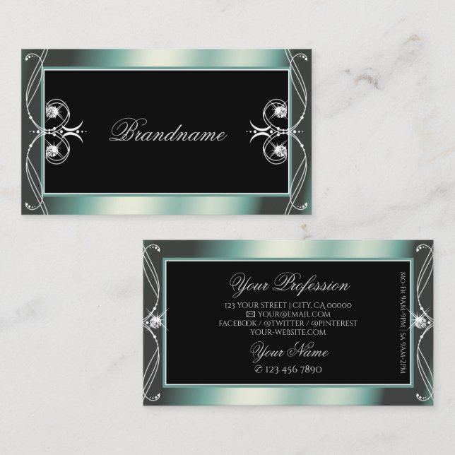 Squiggled Ornate Black and Teal Sparkle Diamonds Business Card (Front/Back)