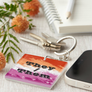 Squiggly Customizable Pronoun Lesbian Pride Flag Keychain