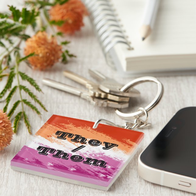 Squiggly Customizable Pronoun Lesbian Pride Flag Keychain (Front Right)