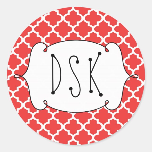 Squiggly fun red simple Moroccan tile monogram Classic Round Sticker (Front)