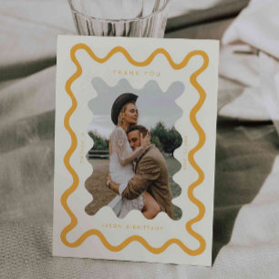 Squiggly Hand Drawn Line Yellow Wedding Photo Thank You Card