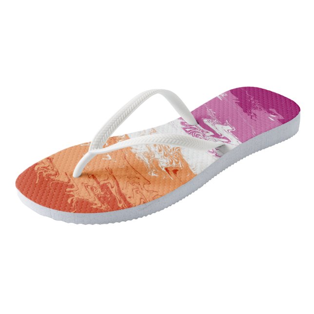 Squiggly Trippy Groovy Abstract Lesbian Pride Flag Flip Flops (Angled)