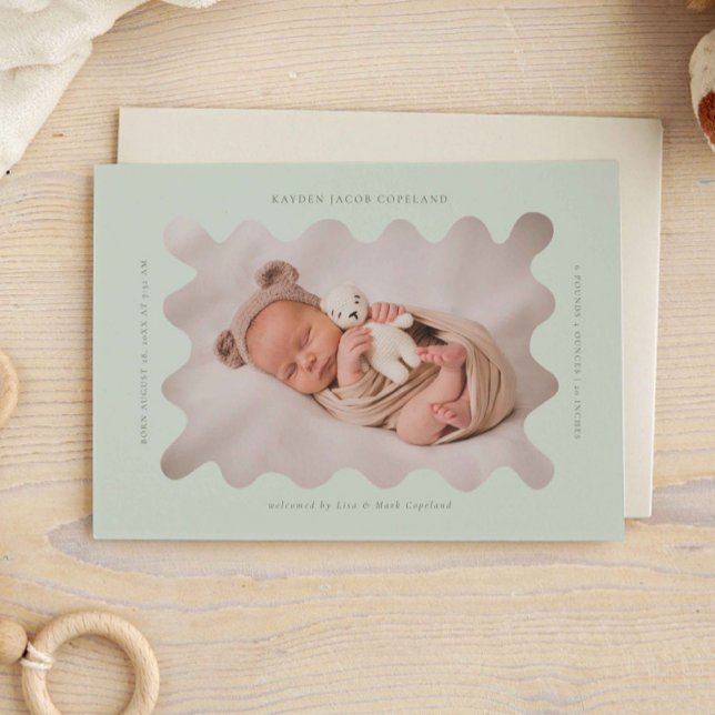 Squiggly Wavy Green Frame Birth Announcement Photo (Creator Uploaded)