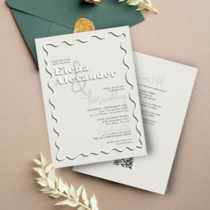 Squiggly Wavy Green RSVP QR Code Wedding  Invitation