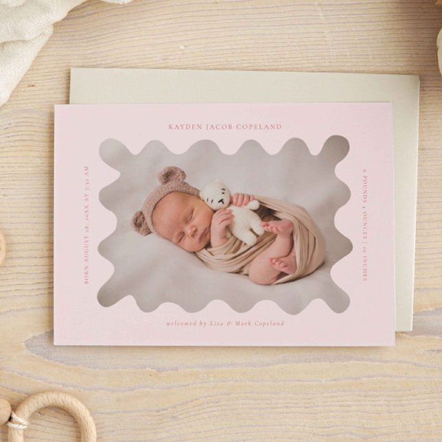Squiggly Wavy Pink Frame Birth Announcement Photo (Creator Uploaded)