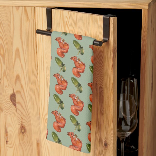 Squirrel and Acorn Pattern Green Kitchen Towel (Thirds Fold)