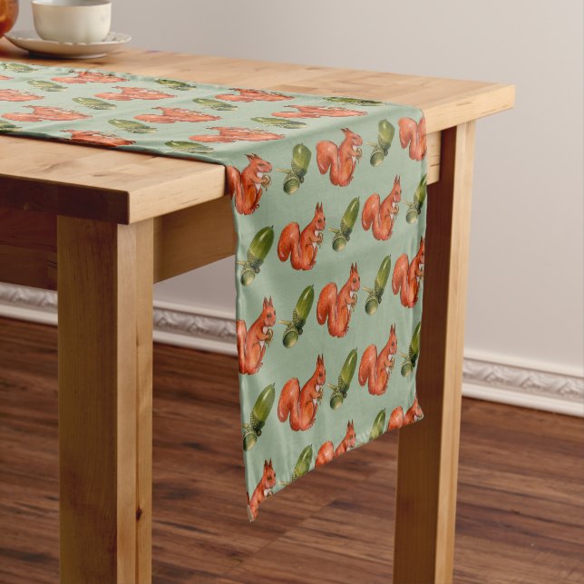Squirrel and Acorn Pattern Green Short Table Runner (In Situ)
