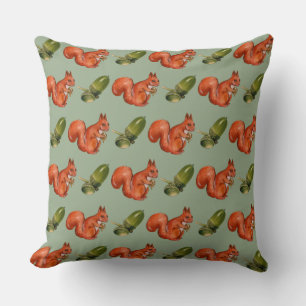 Squirrel and Acorn Pattern Green Throw Pillow