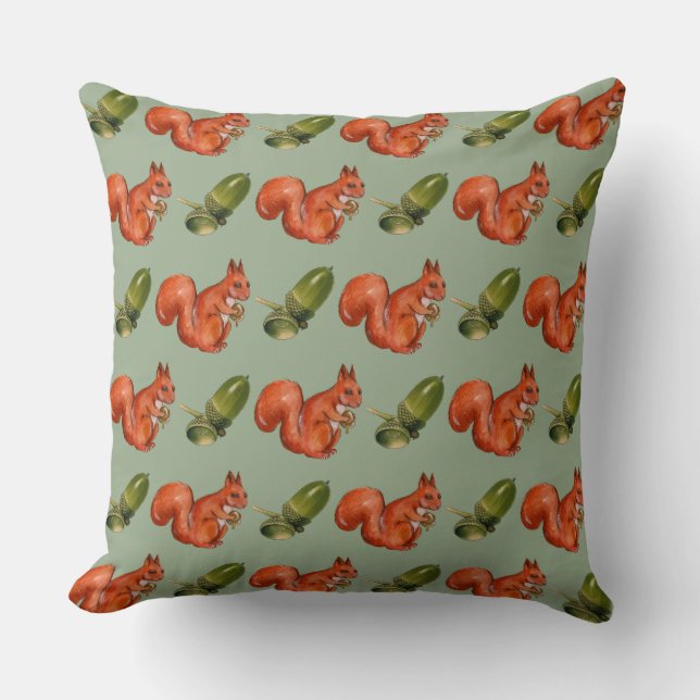 Squirrel and Acorn Pattern Green Throw Pillow (Front)