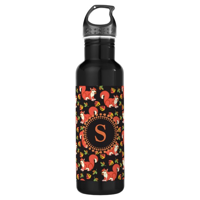 Squirrel and Autumn Leaf Pattern Monogram 710 Ml Water Bottle (Front)