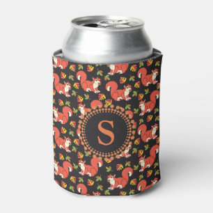 Squirrel and Autumn Leaf Pattern Monogram Can Cooler