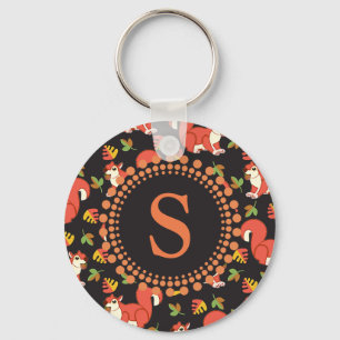 Squirrel and Autumn Leaf Pattern Monogram Keychain