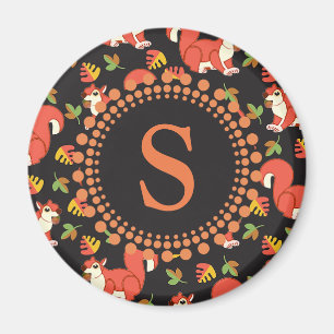 Squirrel and Autumn Leaf Pattern Monogram Magnet