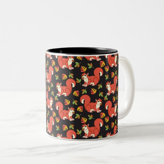 Squirrel and Autumn Leaf Pattern Two-Tone Coffee Mug (Front Right)