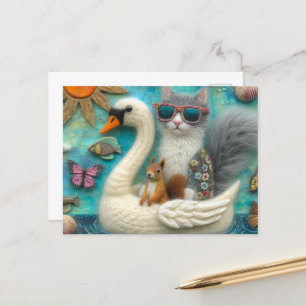 Squirrel and cat on Floating Woollen Swan Funny  Postcard