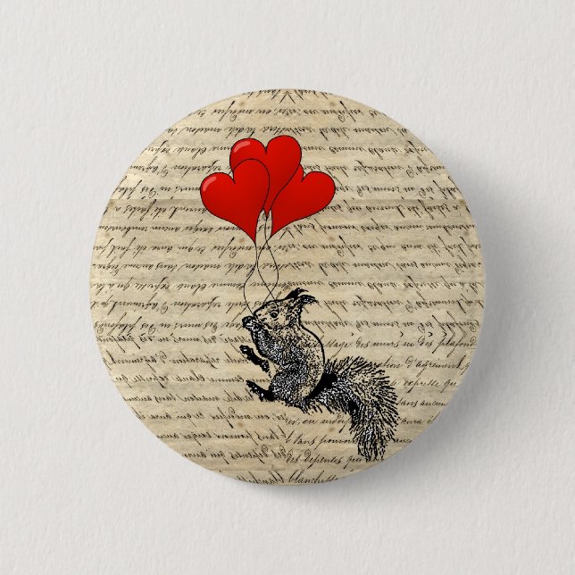 Squirrel and heart balloons 2 inch round button (Front)