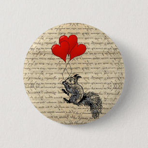 Squirrel and heart balloons 2 inch round button