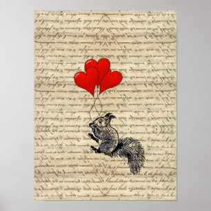 Squirrel and heart balloons poster