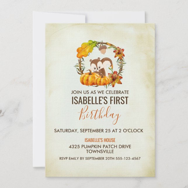 Squirrel and Pumpkins Birthday Party Invite (Front)