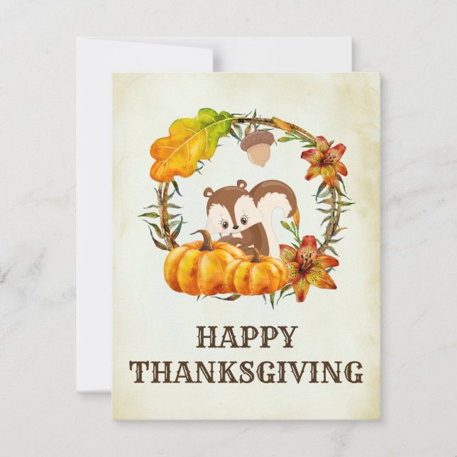 Squirrel and Pumpkins Fall Rustic Thanksgiving Holiday Card (Front)