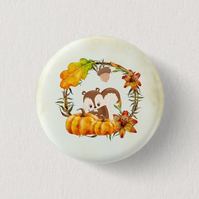 Squirrel and Pumpkins Rustic Wreath 1 Inch Round Button (Front)