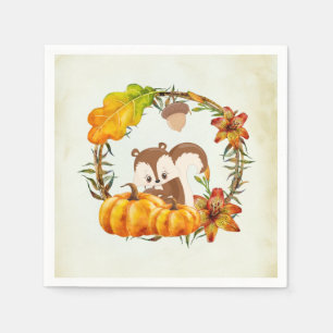 Squirrel and Pumpkins Rustic Wreath Napkin