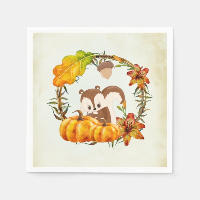 Squirrel and Pumpkins Rustic Wreath Napkin (Front)