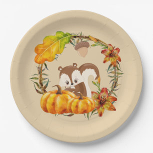 Squirrel and Pumpkins Rustic Wreath Paper Plate