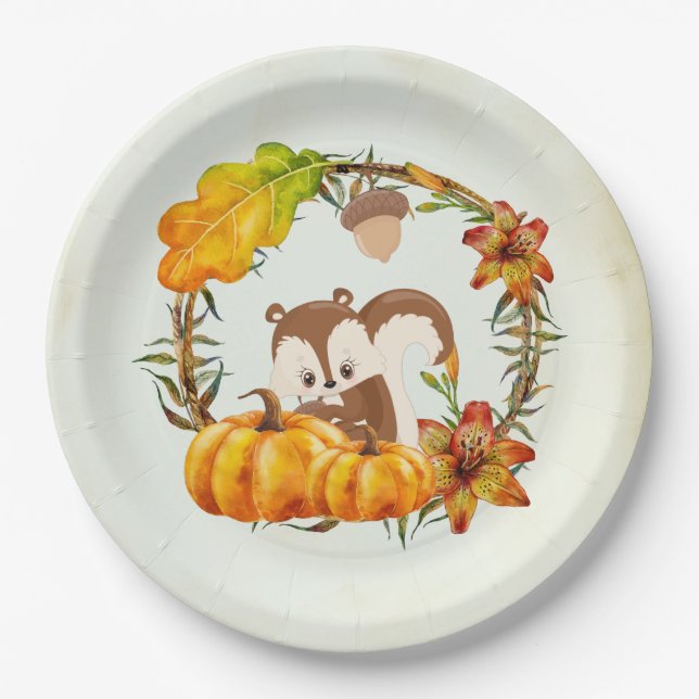 Squirrel and Pumpkins Rustic Wreath Paper Plate (Front)
