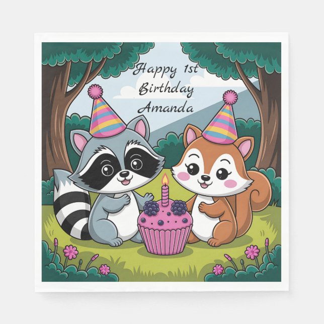 Squirrel and Raccoon cute Birthday Napkin (Front)