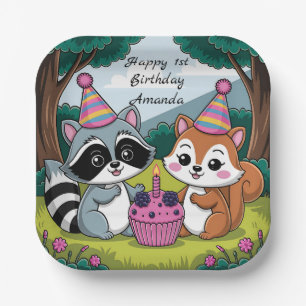 Squirrel and Raccoon cute Birthday Paper Plate