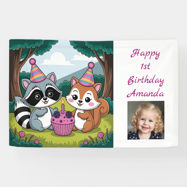 Squirrel and Raccoon cute Birthday Personalized Banner (Horizontal)