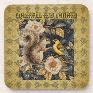 Squirrel and Yellow Canary with Flowers Pattern Coaster