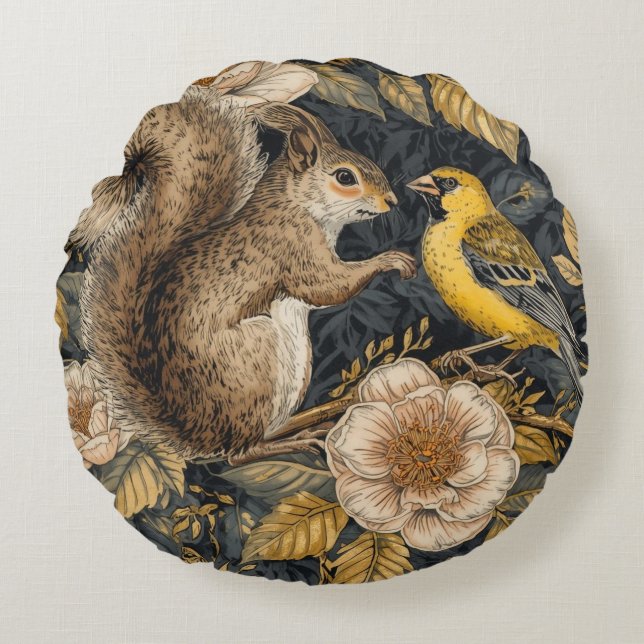 Squirrel and Yellow Canary with Flowers Pattern Round Pillow (Front)