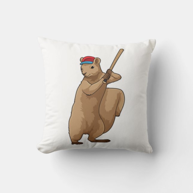 Squirrel at Baseball with Baseball bat Throw Pillow (Front)