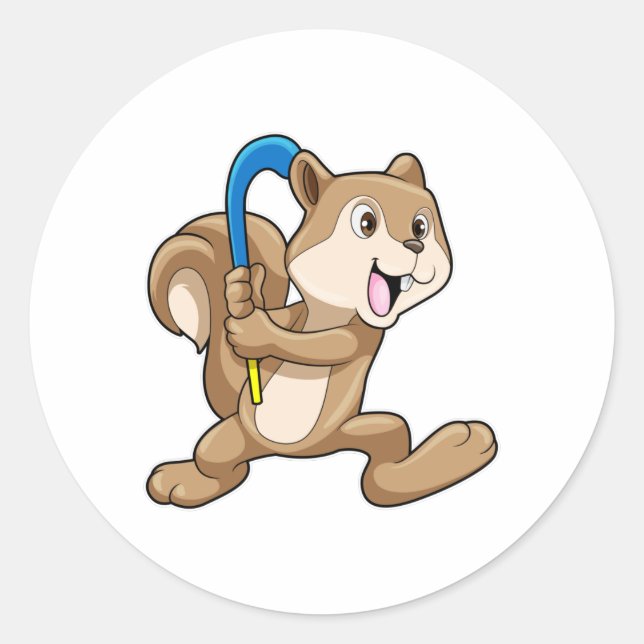 Squirrel at Field hockey with Hockey stick Classic Round Sticker (Front)