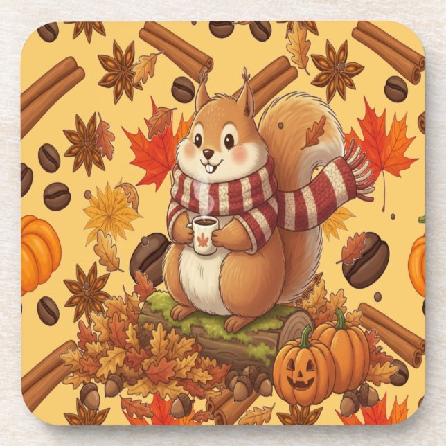 Squirrel Autumn and Pumpkin and Coffe Coaster (Front)