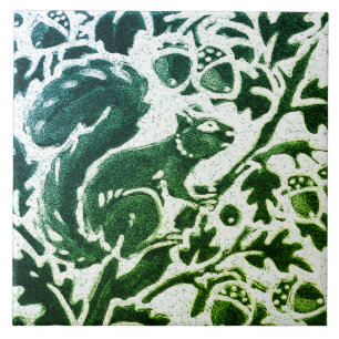 Squirrel Batik Modern Green Blue Floral Woodland Tile