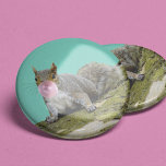 Squirrel Blowing a Bubblegum Bubble Animal Photo 2 Inch Round Button<br><div class="desc">Add some fun to your outfit with this quirky,  but cute button. The photo collage depicts a grey squirrel on the side of a mossy tree blowing a bubble with some pink bubblegum.</div>