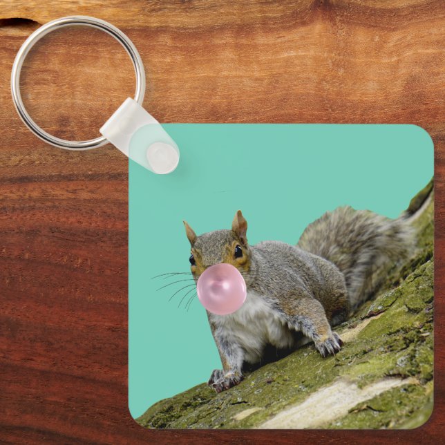 Squirrel Blowing a Bubblegum Bubble Animal Photo Keychain (Front)