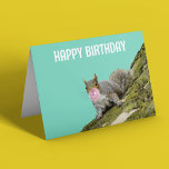 Squirrel Blowing a Bubblegum Bubble Birthday Card<br><div class="desc">This fun card is ready to be personalized with your own custom message on the front and on the inside. Features a photo of a grey squirrel on the side of a mossy tree blowing a bubble with some pink bubblegum.</div>