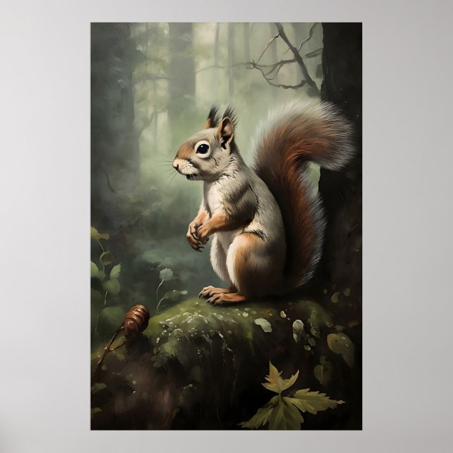 Squirrel Botanical Print, Dark Academia Forestcore Poster (Front)
