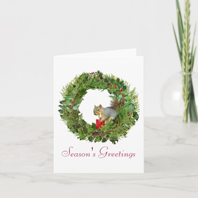 Squirrel Candle Wreath Holiday Card (Front)