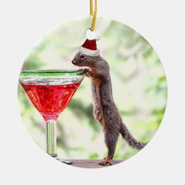 Squirrel Celebrating Christmas Ceramic Ornament (Front)