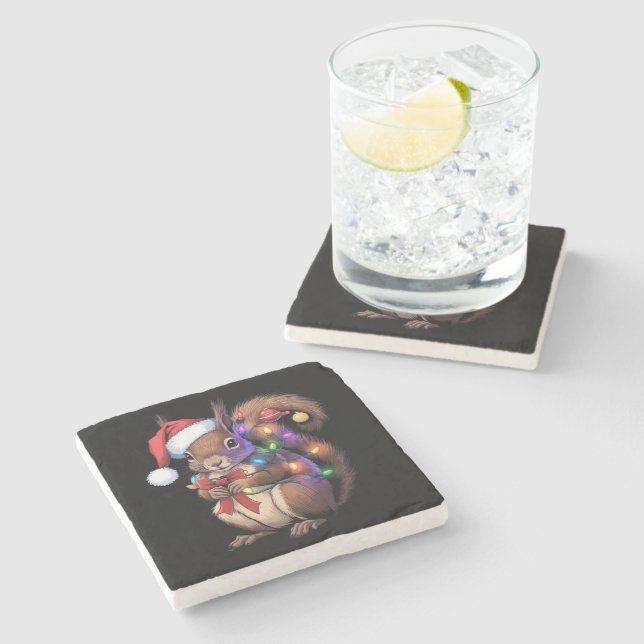 Squirrel Christmas Lights Xmas Party Family Stone Coaster (Side)