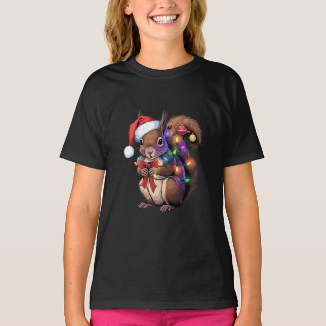 Squirrel Christmas Lights Xmas Party Family T-Shirt (Front)